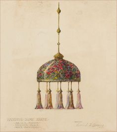 a drawing of a hanging lamp with tassels on it's sides and an elaborately decorated dome