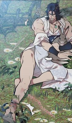 an anime character kneeling down in the grass