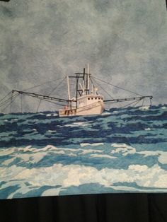 a drawing of a fishing boat in the ocean