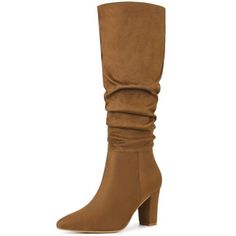 A slouchy silhouette updates a fashion-forward knee-high boot without a zipper lofted by a block heel and finished with a classic, pointy toe. These boots pair perfectly with your winter dresses.These knee high boots are perfect for casual walking and lounging around. Slouchy Knee High Boots; Block Heel;Side Zipper; Pull on; Low Heels; Vamp: Faux Suede; Outsole: Rubber; Heel: ABS; Heel Height: 3 1/3 inches; Shaft Height: 15 inches. Knee High Boots Brown, Heel Knee High Boots, Closed Toe Shoes, Boots Brown, Chunky Heel, Winter Dresses, Brown Boots, Chunky Heels, Low Heels