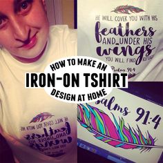 a man wearing a white shirt with the words iron - on t - shirt design at home