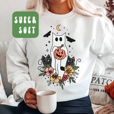 Kitten Sweater, Ghost Sweater, Floral Ghost, Moon Moth, Party Sweaters, Boho Cottagecore, Spooky Ghost, Halloween Sweater, Ghost Cat