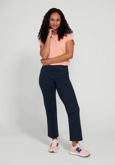 Monroe Crop Trouser | Straight (Navy) | Betabrand Uk People, Tuxedo Style, Ponte Pants, Fitted Tee, Fashion Night, Slim Fit Trousers, Double Breasted Blazer, Cropped Trousers, Workout Tee