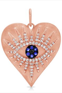 14k GOLD .19 CT GENUINE DIAMONDS .07 CT GENUINE SAPPHIRES .02 CT GENUINE BLACK DIAMONDS 1" IN LENGTH 1" IN WIDTH CHAIN NOT INCLUDED Heart Evil Eye, Blue Sapphire Pendant, Sapphire Pendant, Diamond Charm, Black Diamonds, Beautiful Heart, Cz Diamond, Handmade Pendant, Handmade Pendants