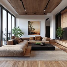 a modern living room with wood floors and large windows