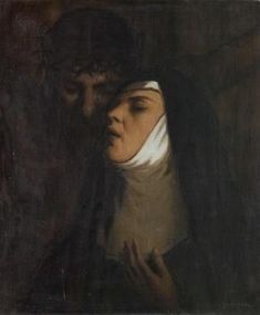 a painting of a woman with bandages on her head and an injured man in the background