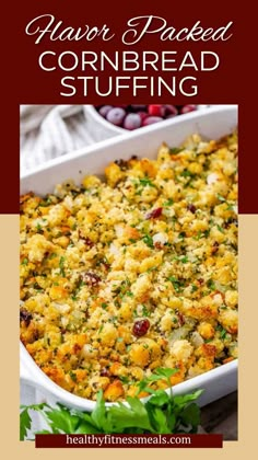 a casserole dish with cranberries and herbs in the background text reads har - frecked cornbread stuffing