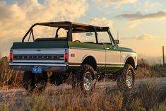 the truck is parked on the side of the road near tall grass and weeds in the desert