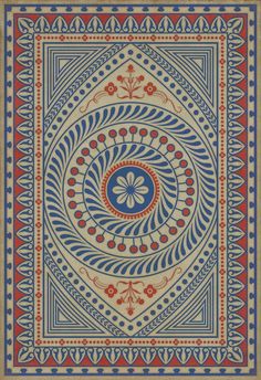 a blue and red rug with an intricate design