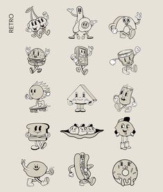 various cartoon characters are drawn in black and white