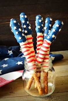 american flag pretzels in a jar on a table