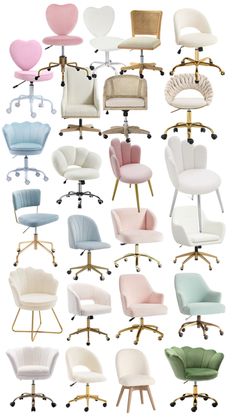 an assortment of office chairs in different colors