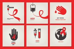 four different red and white cards with aids symbols on them, one for the world aids day