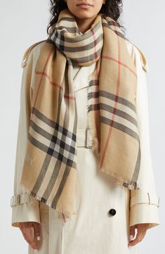 The brand's iconic check is rendered in two subtly different palettes at an enlarged scale on this reversible, generously sized scarf of gauzy wool and silk. 86 1/2" x 27 1/2" 51% wool, 49% silk Dry clean Made in Italy Burberry Silk Scarf, Luxury Beige Scarf For Fall, Luxury Scarves For Workwear, Luxury Scarves For Work, Burberry Aesthetic, Euro Winter, Silk Scarf Outfit, Scarf Outfit, Burberry Scarf