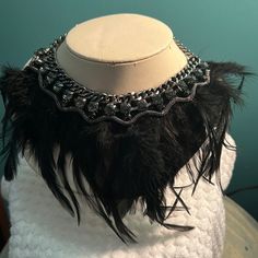 Black Feather And Smoke Rhinestone Choker Necklace Glamorous Party Jewelry With Feathers, Elegant Black Feather Jewelry, Black Feather Jewelry For Party, Black Feathered Jewelry For Party, Rhinestone Choker Necklace, Rhinestone Choker, Black Feathers, Womens Jewelry Necklace, Black Gray