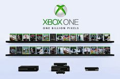 the xbox one logo is shown above several video game console controllers and games on display