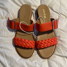 Brand New. Braided Orange Straps Red Sandals With Buckle Closure For Summer, Red Buckle Closure Sandals For Summer, Red Sandals With Buckle Closure For Spring, Red Sandals With Buckle Closure For Beach, Red Buckle Closure Sandals For Beach, Orange Sandals With Buckle Closure For Vacation, Orange Buckle Closure Sandals For Vacation, Orange Sandals With Buckle Closure For Beach, Orange Buckle Closure Sandals For Beach