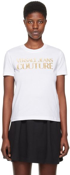 Cotton jersey T-shirt. · Rib knit crewneck · Logo bonded at front Supplier color: White/Gold Versace T Shirt, Versace Jeans Couture, Versace Jeans, Tshirt Outfits, Shirt Outfit, Apparel Accessories, Rib Knit, Versace, Women Wear