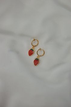 Cute Hypoallergenic Hoop Earrings, Cute Hypoallergenic Huggie Earrings, Cute Huggie Hoop Earrings, Cute Strawberry Print Earrings For Gifts, Trendy Gold Jewelry With Fruit Design, Cute Handmade Huggie Earrings, Handmade Cute Huggie Earrings, Cute Adjustable Huggie Earrings, Trendy Dangle Earrings With Fruit Design