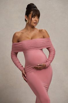 Pretty Perfect Blush Pink Maternity Ruched Mesh Bardot Maxi Dress – Club L London - USA Pink Stretch Maternity Dress For Spring, Ruched Maternity Maxi Dress, Pink Stretch Maternity Dress, Pink Ruched Maternity Dress, Pink Stretch Off-shoulder Maxi Dress, Pink Fitted Maternity Dress For Party, Fitted Ruched Maternity Dress For Spring, Chic Pink Fitted Maternity Dress, Spring Party Maternity Dress With Ruched Details