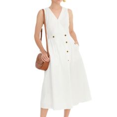 J.Crew Sleeveless Cotton Poplin A-Line Shirt Dress . Missing A Button But Does Have Spare Chic Sleeveless V-neck Dress With Buttons, Cotton Midi Dress With Button Closure For Day Out, Summer Button-up Cotton Midi Dress, Chic Cotton Midi Dress With Button Closure, Spring Buttoned Sleeveless Sundress, Spring Sleeveless Button Sundress, Spring Sleeveless Sundress With Buttons, Sleeveless Cotton Dress With Button Closure, Spring Sleeveless Dress With Button Closure For Work