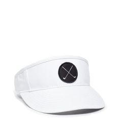 This Golf Visor is the perfect accessory for your next round of 18 holes. The crossed golf club patch pops against the white background. This classic hat will complement any look, even if youre only there to drive the cart. Visors accommodate hairstyles that traditional baseball hats cannot. Size: OSFM. Gender: male. Age Group: adult. Classic White Baseball Cap With Logo Patch, Classic Adjustable Baseball Cap For Golf, Classic Adjustable Golf Baseball Cap, Classic White Hat With Logo Patch, White Sporty Hat With Logo Patch, Classic Six-panel Golf Hats, White Sporty Baseball Cap For Golf, White Baseball Cap For Golf, White Visor Hat With Logo Patch