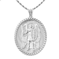 925 Sterling Silver Saint Michael Protect Uspendant Necklace Item No.: Ba49 Metal Type: .925 Sterling Silver With Stamped 925 Finish: Height: 1.8 In (46.44 Mm) Width: 1.2 In (30.34 Mm) Measurement: Come With Italian Rolo Chain In 16", 18", 20", 22" Made In Usa. This Item Might Take 5-10 Days To Be Shipped. Silver Oval Necklaces With Charms, Hallmarked White Gold Necklace For Memorial, Nickel-free Spiritual Pendant Jewelry, Nickel-free Spiritual Pendant Necklace, Saint Michael, Cross Necklace Sideways, Phoenix Necklace, Round Pendant Necklace, Dog Pendant