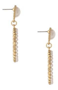 Sunny 18-karat-gold plates these swinging drop earrings lined with imitation pearls and rhinestones. 1 7/8" drop; 1 1/8" width 18k-gold plate/glass/acrylic imitation pearl Imported Gold-tone Metal Drop Pearl Earrings, Gold-tone Metal Pearl Drop Earrings, Gold Pearl Drop Metal Chandelier Earrings, Gold-tone Pearl Drop Dangle Earrings, Gold Pearl Chain Chandelier Drop Earrings, Gold Chandelier Drop Earrings With Pearl Chain, Gold Chandelier Earrings With Pearl Chain, Gold Pearl Embellished Chandelier Drop Earrings, Gold Drop Earrings