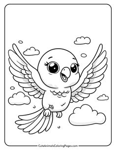 Cute cartoon bird with big eyes flying among fluffy clouds, designed for coloring activities. Ideal for children's art projects and creative expression. Parrot Cute, Parrot Craft, Cartoon Bird