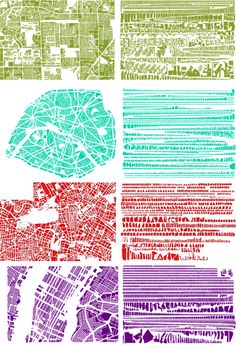 four different colored maps with the names of cities and streets in each city, all on separate