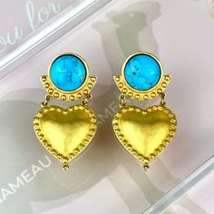 Leslie Block Vintage Etruscan Turquoise Glass Cabochon Heart Brushed Gold Plated Dangle Earrings SIGNED. Fantastic Vintage 80s Leslie Block Turquoise Glass Cabochon Heart Dangle Post Style Earrings. An Award Winner By Leslie Block. These Spectacular Etruscan Style Earrings Feature A Large Round Turquoise Glass Cabochon At The Ear Followed By Dangling Hearts. Below The Tip Of The Heart, Originally A Tiny Stone Was Set. To Add To The Ancient Aesthetic, These Gorgeous Earrings Are Finished In A Bru Elegant Turquoise Heart Earrings, Ancient Aesthetic, Runway Earrings, Antique Cushion, Hoop Charms, Earring Collection, Jade Earrings, Turquoise Glass, Glass Heart