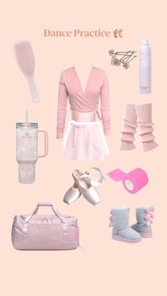 various items are arranged in the shape of a pink background with text that reads dance practice