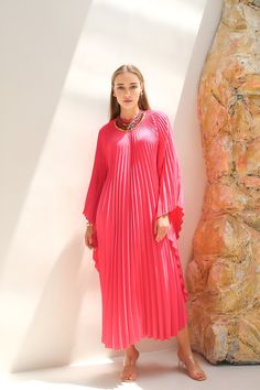 Elegant Flowy Kaftan For Party, Pink Long Kaftan For Party, Long Pink Kaftan For Party, Pink Maxi Kaftan For Parties, Elegant Pleated Festive Dress, Elegant Pleated Dress For Festive Occasions, Elegant Long Pink Kaftan, Elegant Pink Maxi Dress For Festive Occasion, Elegant Pink Floor-length Kaftan