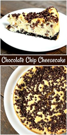 chocolate chip cheesecake on a white plate