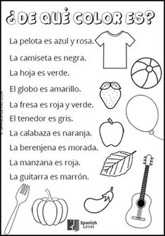 a spanish poster with pictures of different things to color in the language, including fruit and vegetables