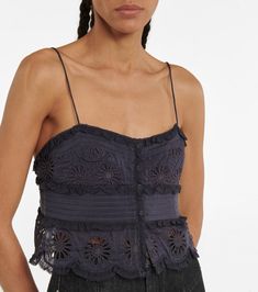 Delphine Lace Trimmed Cotton And Silk Camisole in Blue - Isabel Marant | Mytheresa Cropped Lace Tank Top With Lace Trim, Chic Summer Cotton Lace Top, Chic Cropped Lace Trim Tank Top, Broderie Anglaise Cotton Lace Top, Cropped Summer Camisole With Lace Trim, Spring Lace Trim Cropped Camisole, Summer Cropped Camisole With Lace Trim, Summer Cropped Lace Camisole, Fitted Lace Top With Delicate Straps For Daywear