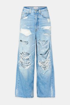 Oversized High-rise Denim Jeans, Oversized Rigid Denim Blue Jeans, Oversized High Rise Jeans For Spring, Oversized High-rise Jeans For Spring, Spring High Rise Oversized Jeans, Oversized Frayed Denim Jeans, Trendy Oversized Distressed Jeans, Spring Wide Leg Deconstructed Jeans, Oversized Ripped Wide-leg Bottoms