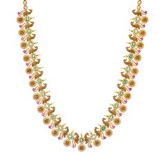 This extravagant 22k yellow gold and gemstone necklace set features exquisite elements and details that are simply breathtaking. The beautiful emeralds, rubies, and cubic zirconia decorating engraved depictions of deities and seahorses give this 22k temple jewelry necklace and earring set a dazzling appeal.Features• 22k yellow gold• Emerald• Ruby• Cubic zirconia• Deities• SeahorsesVirani Jewelers bridal jewelry made from 22k gold brings together the beauty and significance of Indian culture and Kasu Necklace, Indian Culture And Tradition, Temple Jewelry Necklace, Temple Jewelry, Gold Jewelry Sets, Gold Bead Necklace, Indian Culture, Seahorses, Bridal Jewellery Indian