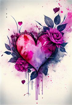 a painting of a heart with flowers and leaves on the side, painted in watercolor