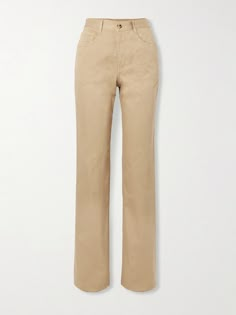 The neutral sand color of SAINT LAURENT's 'Clyde' jeans make them look like tailored pants at first glance. Made from denim, they're designed to sit high on the waist and have a classic five-pocket construction and straight-leg shape. Ysl Clothes, Jean Beige, Saint Laurent Clothes, Jean Trench Coat, Saint Laurent Jeans, Random Clothes, Beige Jeans, Executive Assistant, Ankle Length Jeans