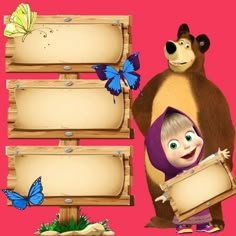 there is a cartoon bear holding a sign with butterflies around it and two other bears