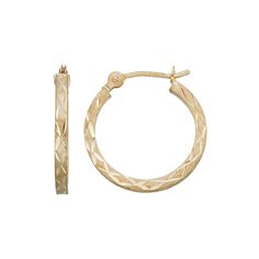 Accentuated with diamond-cut details, these 14k gold hoop earrings are the perfect complement to your outfit. Click on this JEWELRY & WATCHES GUIDE to learn about fit, styles, materials and more!EARRING DETAILS Diameter: .59 in. Backings: click-it Metal: 14k gold Size: One Size. Gender: female. Age Group: adult. 14k Gold Diamond Cut Hoop Earrings For Anniversary, 14k Hoop Earrings For Anniversary, Small Hoop Diamond Cut Jewelry For Formal Occasions, Small Hoop Earrings In Yellow Gold With Diamond Cut, Small Diamond Cut Yellow Gold Hoop Earrings, 14k Yellow Gold Diamond Cut Hoop Earrings, Yellow Gold Hoop Jewelry With Diamond Cut, 14k Gold Huggie Earrings With Diamond Cut, Small Yellow Gold Hoop Earrings With Diamond Cut