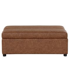 a brown leather bench with black legs and an ottoman on the bottom, in front of a white background