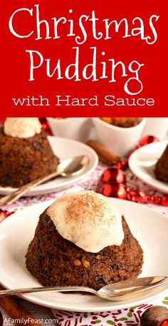 christmas pudding with hard sauce on a white plate