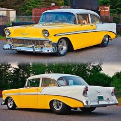 an old yellow and white car parked next to each other