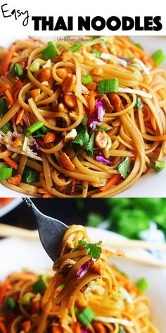 two pictures of noodles and vegetables with chopsticks