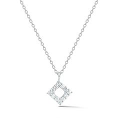 The square shape of this CW Signature diamond necklace adds a modern, geometric flair to the classic open pendant style.- 18K WHITE GOLD.- DIAMOND WEIGHT: 0.14 CTW.- DIAMOND QUALITY: GH (NEAR COLORLESS) SI1 (SLIGHTLY INCLUDED).- CHAIN IS ADJUSTABLE UP TO 22 INCHES IN LENGTH.- American Made.- Ideal Cut Diamonds.- Nickel Free.- 5 Year Warranty.- Also available in Yellow Gold or Platinum.- Price may vary by metal fluctuations. Square Diamond Pendant, Blood Diamond, Square Diamond, Lovely Necklace, Diamond Pendant Necklace, Jewelry Creation, Conflict Free Diamonds, American Made, White Gold Diamonds