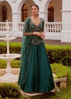 Sanya Gulati-Teal Green Embroidered Lehenga Set-INDIASPOPUP.COM Peplum Lehenga, Orang India, Kurta Lehenga, Indian Bridesmaids, Indian Outfits Lehenga, Gaun Fashion, Green Lehenga, Embroidered Lehenga