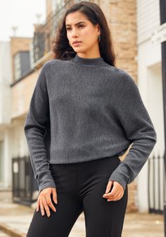 Indulge in the lightweight warmth and softness of the SoftBlend Merino Dolman Sweater. With its oversized fit, ribbed texture and wide dolman sleeves, it’s the epitome of chic meets comfort. A true wardrobe chameleon, it effortlessly transitions from daywear to evening grace. Loose, oversized fit, with dolman sleeves. 25½ inches from top of shoulder to hem (size S). Model wears size small. Merino wool blend (gray). 50% merino wool, 50% acrylic. Turn inside out, then machine was cold, gentle cycl Dolman Sweater, Lady Grey, Ribbed Texture, Dolman Sleeve, Charcoal Gray, Charcoal Grey, Oversized Fits, Merino Wool, Wool Blend