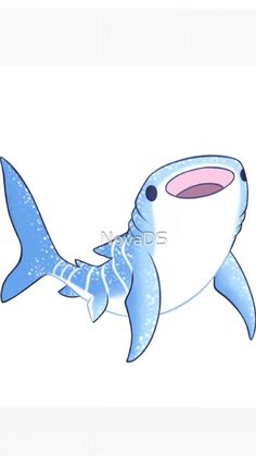 a drawing of a blue shark with an open mouth and pink eyes on it's face